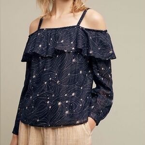 Floreat Anthropologie Navy Star Print Top Size Small Cold Off Shoulder Metallic‎